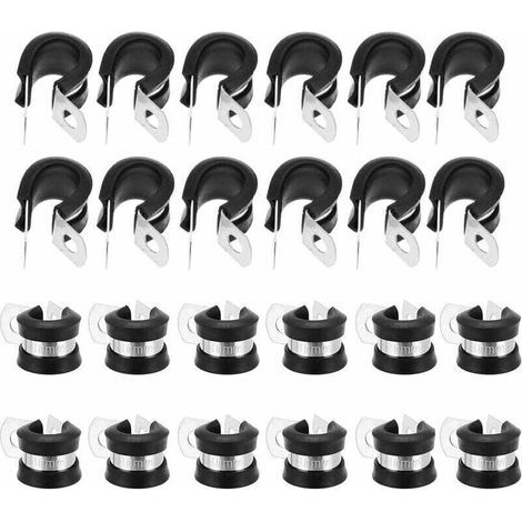 Set di 24 fascette stringitubo in acciaio inox da 10 mm, a forma di P, con rivestimento in gomma, per applicazioni automobilistiche, elettriche, su tubi, fili, corde e cavi. (1/4)