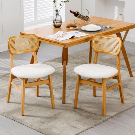 Esszimmerstühle 2er Set Kunstfell mit Rattan Rückenlehne und Massivholzbeinen, Beige (1/5)