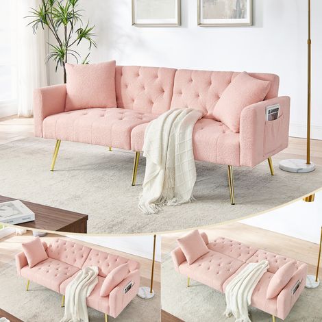 Canapé 2 places polaire bouclée effet peluche, dossier réglable 3 positions, 2 coussins, pieds métal, canapé doux petit appartement rose 90x