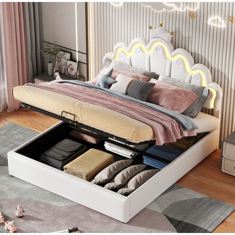 Cama doble con almacenamiento LED corona blanca OKMYHOME (1/5)