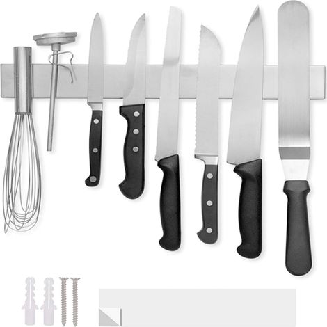 Barre Magnetique - 40 cm - Acier Inoxydable Satine - Pour Couteaux Outils et Objets Metalliques - Fixation Murale avec Vis ou Adhesif - 1 Unite
