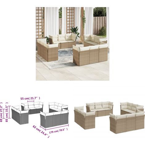 12-tlg. Garten-Sofagarnitur mit Kissen Beige Poly Rattan - Gartensofas - Outdoor Möbel - Gartenmöbel Set - Rattan Sofa - Lounge Set - Home & Living (1/3)