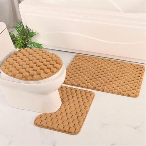 Ensemble de trois tapis de bain en flanelle - marron - tapis de toilette antidérapant - tapis de bain doux et absorbant - polaire unie (1/5)