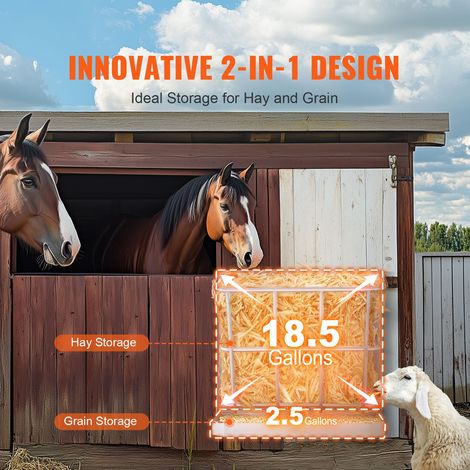 Mangeoire chevre foin grain 80 L, alimentation 2 en 1 murale acier robuste avec bac, rastelier plusieurs cotes pour moutons chevaux (1/5)