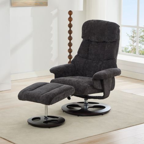Fauteuil inclinable douillet — Doté de fonctions massage et chauffage, d'un dossier et d'un repose-pieds à inclinaison réglable, ainsi que d'une base pivotante à 360° — Tissu chenille gris foncé. (1/4)