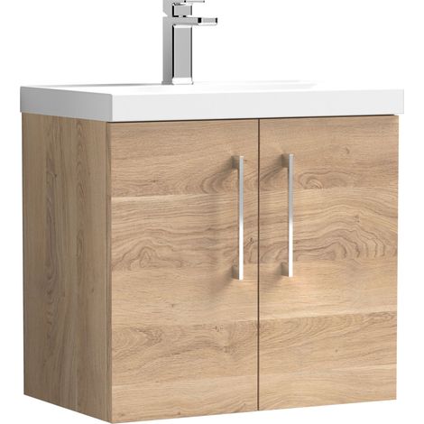 Nuie Arno Wall Hung 2-Door Vanity Unit with Basin-1 600mm Wide - Bleached Oak (1/4)