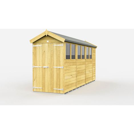 4 x 14 Feet Apex Shed - Double Door With Windows - Wood - L417 x W118 x H217 cm