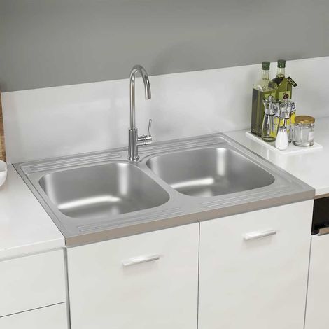 Évier de cuisine à double lavabo-Lavabo cuisine argenté 800x600x155 mm inox (1/5)