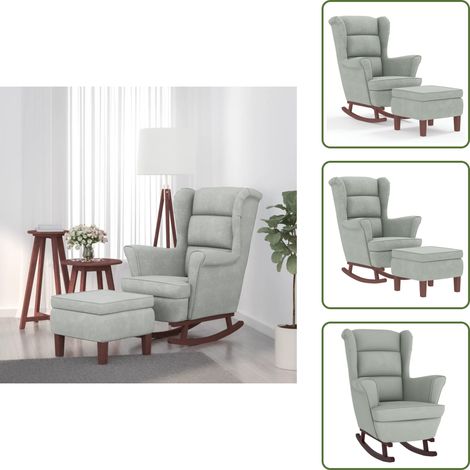 The Living Store Sedia a dondolo con schienale alto in velluto grigio chiaro - Poltrona a dondolo