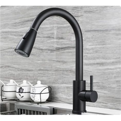 Robinet de cuisine pivotant 360° avec tête escamotable, pulvérisateur 3 modes pour évier, en acier inoxydable noir (1/5)