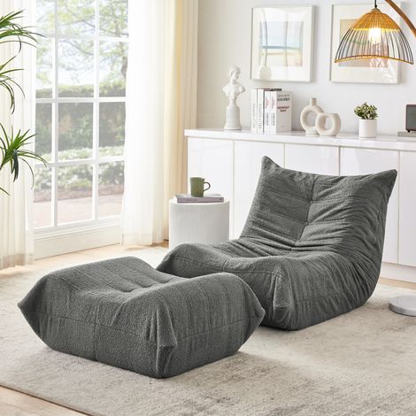 Relaxsessel in Anthrazit mit Hocker – höchster Komfort aus Teddy-Kunstfell – weiches Bodensofa zum Lesen und Entspannen (1/5)