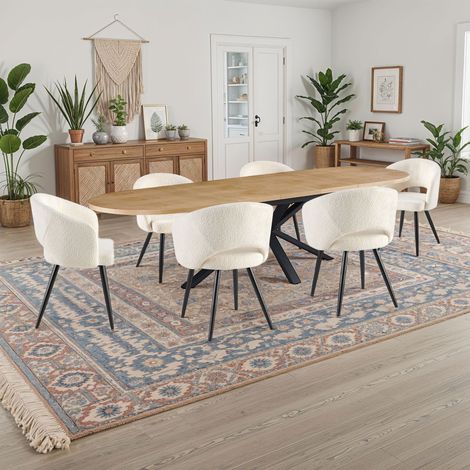 Table extensible 180-300 cm + 6 chaises tissu bouclette blanc - VENTER