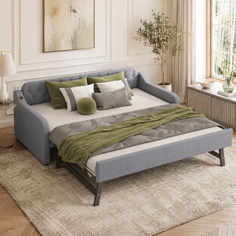 Sofá cama de 90 x 200 cm con cama extraíble, puerto USB, tapizado en tela gris y diseño moderno para salón o dormitorio, ideal para espacios pequeños - CHICFURN (1/5)