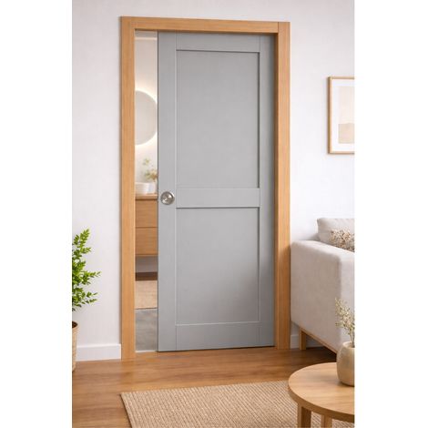 Porte Coulissante Athena Gris Clair 2 Panneaux H204 X L83 Cm, Galandage, Kit Finition (coquille Et Tire Doigt) Gd Menuiseries