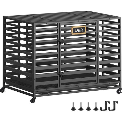 Cage pour Chien Robuste, Taille XL, pour Grands Chiens, Niche Extensible, avec Plateau et Porte Amovibles, Roulettes Verrouillables, 107 x 70 x 82,5 cm, Noir d’Encre (1/5)