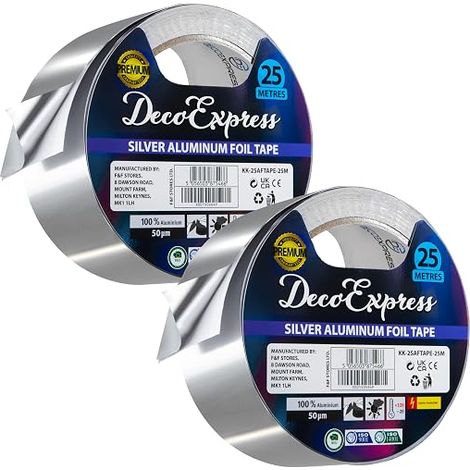Aluminium Adhesive Tape, Metallic Sealant Tape 45 mm x 10/25/50 m, High Temperature Adhesive Tape for DIY Repair Work (25 M - 2 Pieces) (1/5)