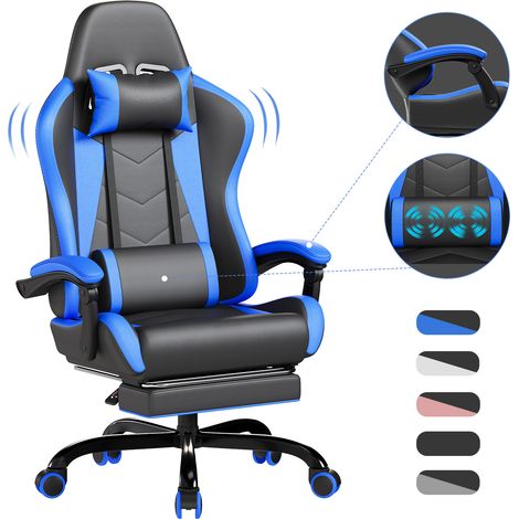 Devoko Chaise Gaming Ergonomique avec Massage Lombaire, Siège Gamer Inclinable 135°, Repose-Pieds, Appui-Tête Réglable, Fauteuil Gaming Adulte en Similicuir, Chaise Bureau Gaming Confortable, Noir Ble