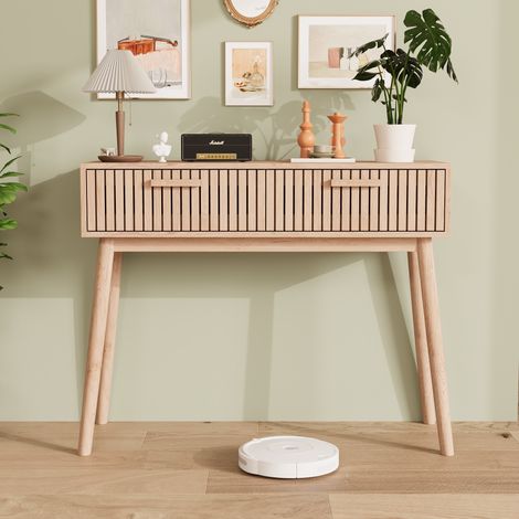 Tavolino da appoggio 100x35x80 cm - con due cassetti - maniglie in legno - struttura in legno massello - adatto per soggiorno - ingresso - corridoio - Colore naturale