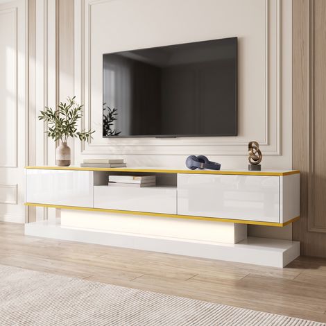 Meuble TV Moderne 180x38x45cm avec 3 Tiroirs et LED Multicolore en Panneau de Particules Blanc et Or (1/5)