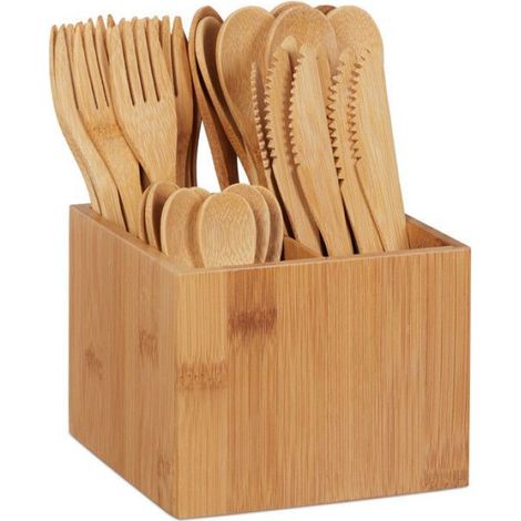Couverts En Bambou - Set 41 Pièces Avec Porte-Couverts - Pour Picnic Camping Voyage Bureau - Naturel (1/5)