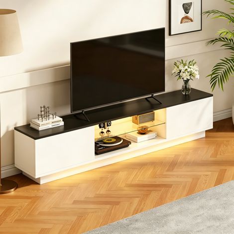 BLANKETSWARM - Meuble TV 160 cm avec éclairage LED - 2 Portes et étagères en verre – Meuble TV moderne pour salon ou chambre
160x32x35 cm, Blanc (1/5)