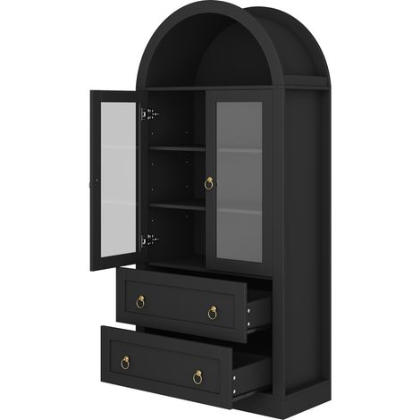 Vitrina alta arqueada con puertas de vidrio y cajones 80x36x170 cm negra MODENUIT (1/5)
