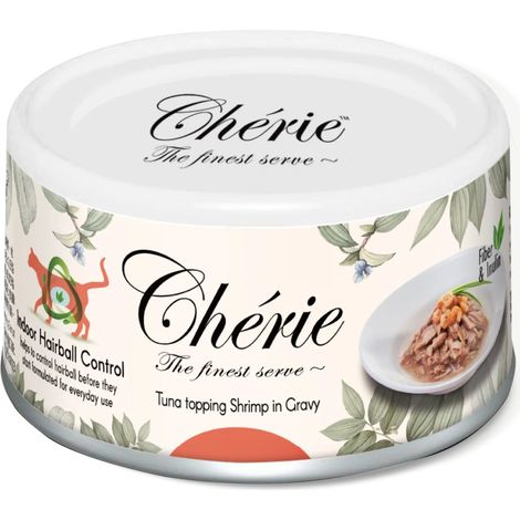 Chérie Premium Aliment humide pour chat Thon et crevettes Contrôle des boules de poils 80g (1/3)