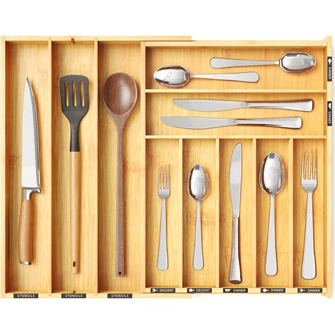 Organiseur de tiroir en bambou avec étiquettes, plateau extensible pour couverts, cuillères et couteaux (naturel, 10 emplacements) (1/5)
