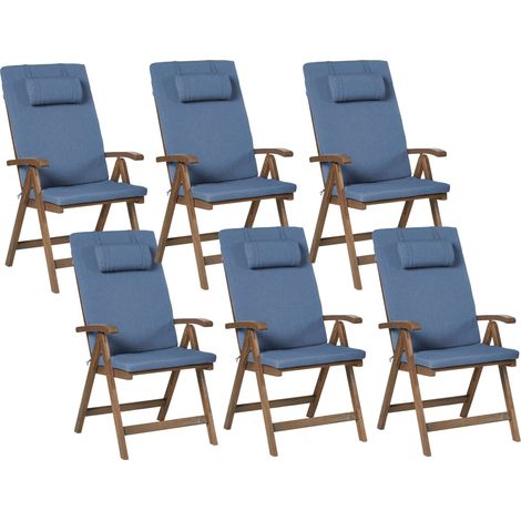 Set mit 6 Stühlen und Sitzkissen AMANTEA PREMIUM Akazienholz Blau