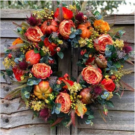 Hängender Weihnachtskranz mit 15 Zweigen, 190 cm (75 Zoll), mit Blättern, Kürbissen, Rosen und Rattan, ideal zum Dekorieren einer Tür oder für Thanksgiving. (1/4)