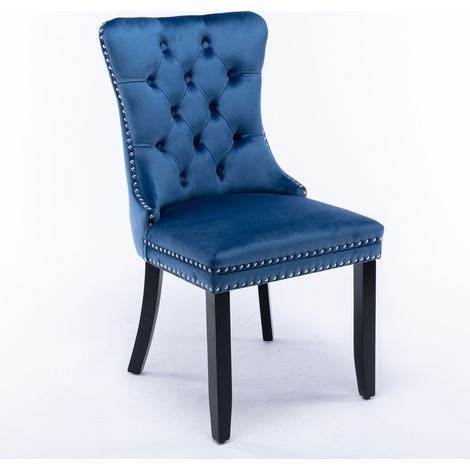 Chaise de salle à manger contemporaine Nikki Collection Modern, haut de gamme, capitonnée, en bois massif, revêtement en velours, pieds en bois, finition cloutée, lot de 2, bleu, DE2001BL