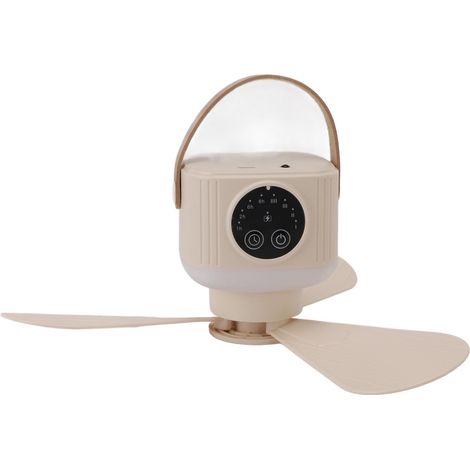 Ventilateur de plafond USB avec éclairage, 4 vitesses, minuterie, batterie 7200 mAh, télécommande, idéal pour le camping et les tentes (beige). (1/5)