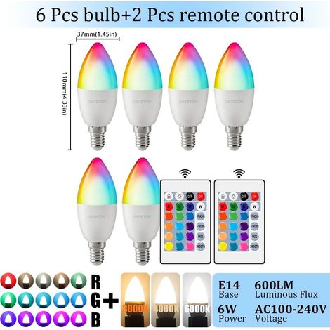 Lampes de croissance pour plantes Ampoule LED E14 (RGB 4000K, lot de 6, AC 100-240V) avec télécommande 24 touches, intensité variable, 6W et changement de couleurs, idéale pour chambre ou salon. (1/5)