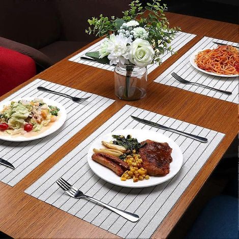 Sets de table pour salle à manger 45,7 x 30,5 cm, sets de table en vinyle tissé résistant à la chaleur, lavables, lot de 8, doublure crème (1/4)