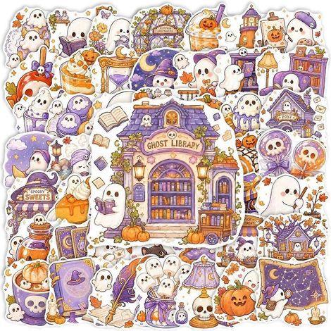 50 autocollants d'Halloween mignons, fantôme violet et citrouille, en vinyle imperméable, pour scrapbooking et décoration DIY (1/5)