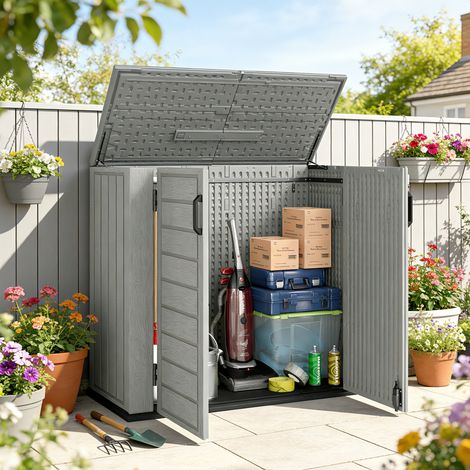 Cobertizo de Jardín de HDPE 940L con Tapa Abatible 2 Puertas Cerradura Cobertizo de Jardín 142x67x119 cm Gris Claro