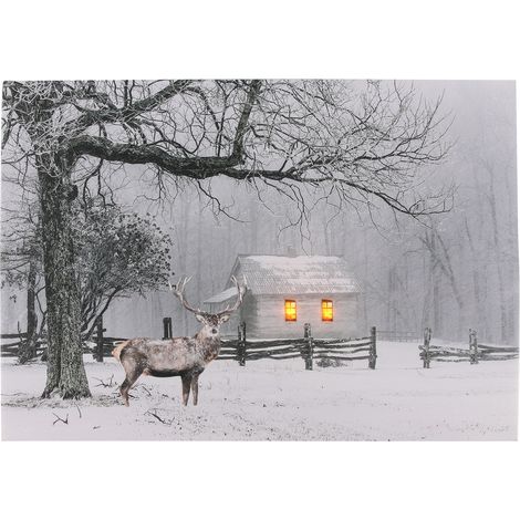 LED Bild beleuchtet - Hirsch / 40 x 30 cm - Wandbild Leuchtbild Winterlandschaft auf Leinwand