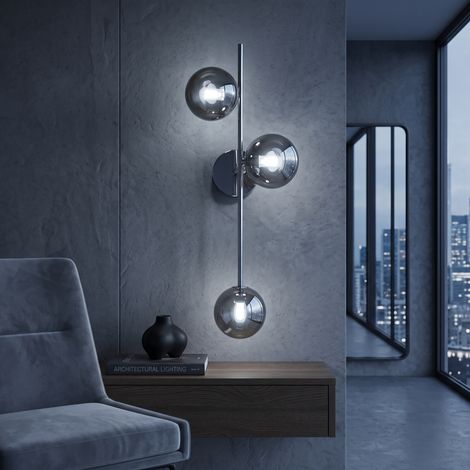 Applique lampada da parete finitura silver con 2 sfere in vetro trasparente fumé, doppio attacco G9 per camera, soggiorno, ingresso e salone (1/4)