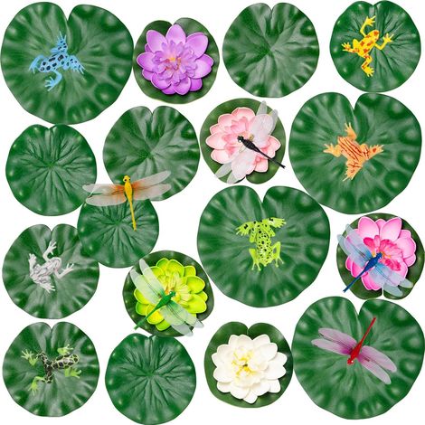 28 Pièces Nenuphar Flottant Artificiel Fleur Nénuphar en Plastique pour Bassin Faux Fleur Lotus de Flottants Nénuphars Artificielles avec Grenouille Libellule pour Décoration Etang de Jardin (1/5)