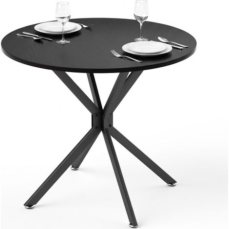 FurnitureR Table à manger ronde noire 90 x 78 cm, 2 à 4 personnes, plateau stratifié en panneaux de particules, pieds croisés en acier (1/5)