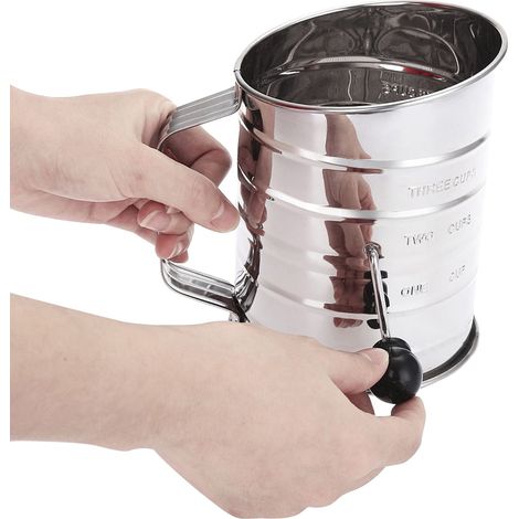 Tamis À Farine - Acier Inoxydable - Capacité 3 Tasses (720 ml) - Manivelle Rotative - Agitateur À 2 Fils - Marquages De Volume - 1 Pièce (1/5)