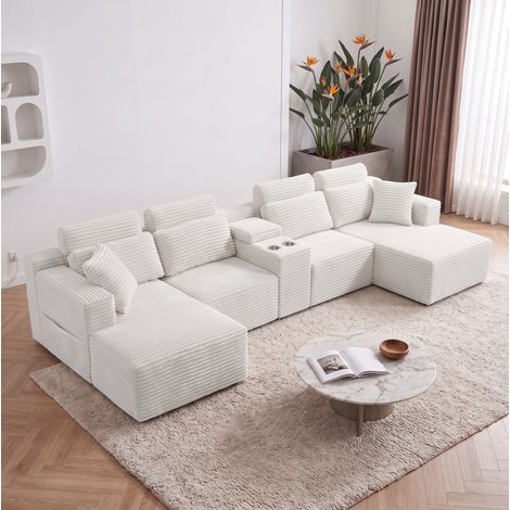 Divano modulare a U in velluto a coste 373 x 150 cm crema con 2 portabicchieri OKWISH (1/5)