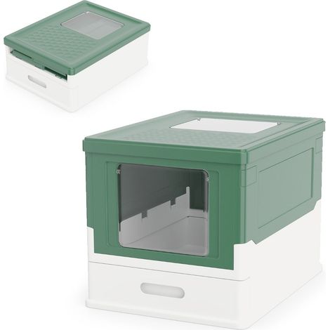 Caja de arena plegable con tapa de doble entrada 50 x 37,5 x 36,5 cm fácil de limpiar moderna PP verde 200017489