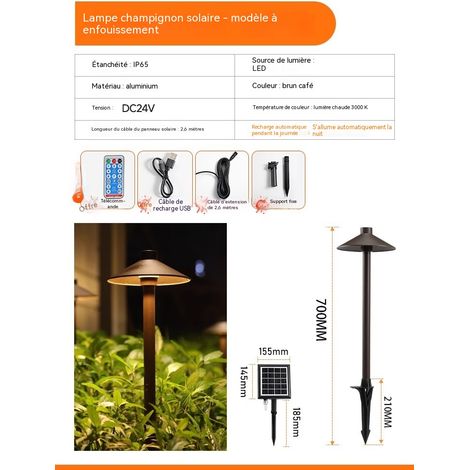 Lampe de jardin champignon solaire extérieure modèle piquet, sans câblage étanche anti-pluie (1/3)