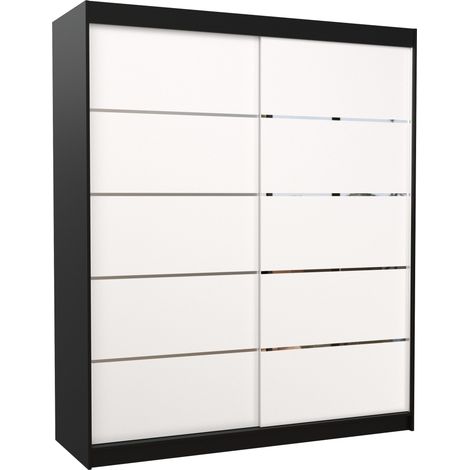 Armoire de chambre à coucher noir 2 portes coulissantes blanches et alu Pimka 180cm (1/5)