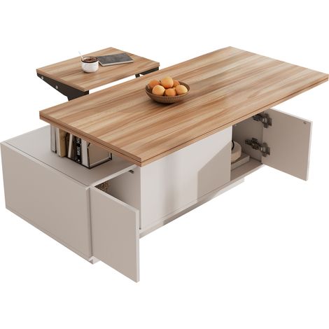Table basse moderne à double plateau relevable et rangement caché, blanc et bois, deux portes, charge 50 kg, panneaux de particules, salon (1/5)