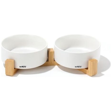 Bols céramique avec support en bambou 2x350 ml - Mpets - OPERA - Blanc (1/2)