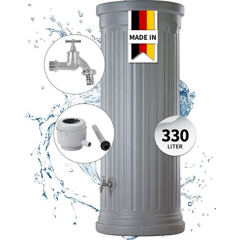 GARANTIA Säulentank Regentonnen Komplett-Set 330 Liter steingrau inkl. Chrom-Auslaufhahn und Fallrohranschluss (1/5)