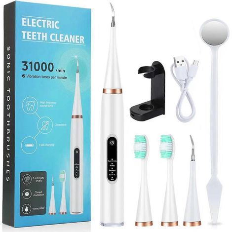 Brosse à dents électrique sonique portable, détartreur dentaire, outil de nettoyage en profondeur ultrasonique professionnel, élimination du tartre sûre à domicile, blanc (1/4)