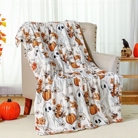 Couverture Halloween - Fantôme Citrouille Flanelle - Pour Canapé Lit Décoration Automne Fête - 130x150 cm (1/5)